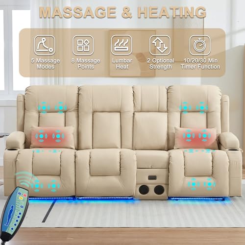 Image of URRED Power Loveseat Recliner Sofa with Massage and Heat, Wall Hugger Reclining Loveseat with Console, RV Couch Home Theater Seating with LED Lights for Living Room (Beige, 89.8 inch - 3 Seats)