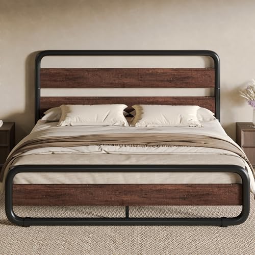 Image of SHA CERLIN Full Size Metal Bed Frame with Wooden Headboard, Mahogany