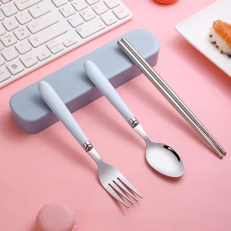 Image of 3-Piece Portable Cutlery Set - Metal Spoon, Fork & Chopsticks with Plastic Handle and Travel Box for Lunch Box, Office, School & Home (Blue)