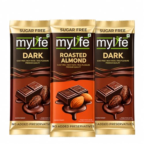 Image of Mylife Zero sugar 2 Dark Chocolate & 1 Almond (Pack 3) | Sugar-Free, High-Protein, Gluten-Free Snack | No Added Sugar, Perfect for Weight Loss & Healthy Snacking | 135g