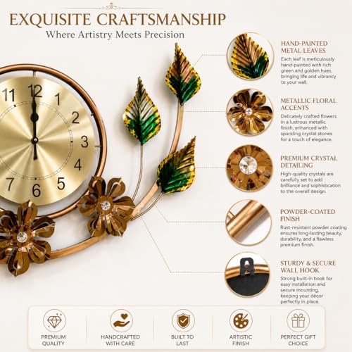 Image of SHREE 'O' GREEN TECH - Large Metal Wall Clock with Golden Leaf Floral Design, Modern Luxury Wall Art for Living Room, Bedroom, Office and Hotel Interior Decoration, 31 x 20 Inch