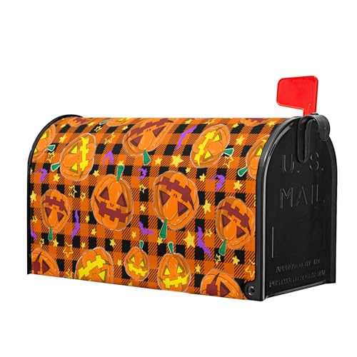 Image of Halloween Mailbox Cover Magnetic Standard Size 25.5x21 Inch Spooky Pumpkins Bats Mailbox Wrap Letter Post Cover with Black Orange Buffalo Plaids for Yard Garden Home Outdoor Decor