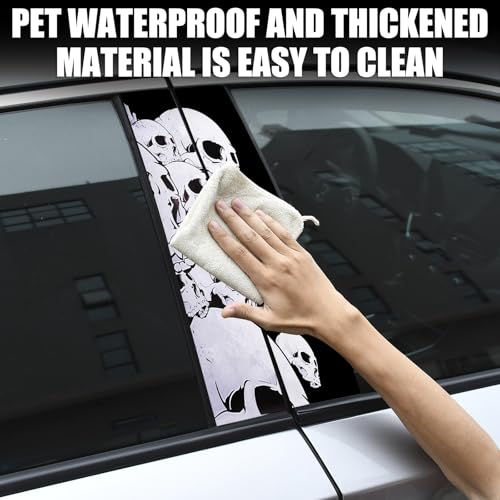 Image of Blueshyhall 2PCS Car B-Pillar Vinyl Decals, Horror Skull Black White Personalized Vehicle Door Pillar Sticker, Waterproof Sun Protection Scratch Cover