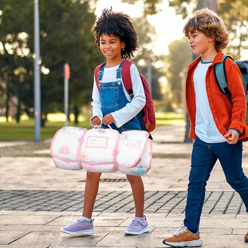 Image of Primlect Thickened Toddler Nap Mat with Removable Pillow and Minky Blanket, Extra Large 55''x35'' Sleeping Bag, Washable, Roll up, Perfect for Daycare, Preschool, Kindergarten, Girls Butterfly