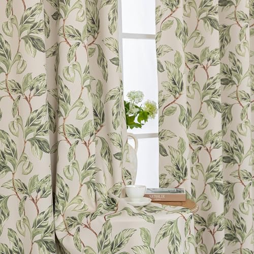 Image of 80% Blackout Curtains for Bedroom, Green Leaf Window Drapes 102 Inch Length for Living Room, Thermal Insulated Grommet Curtains, 2 Panels