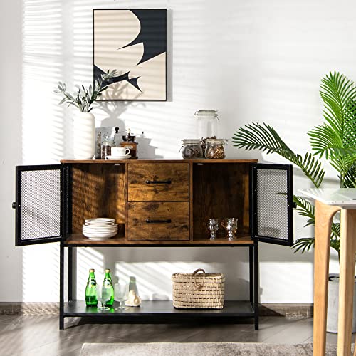 Loko Industrial Buffet Cabinet, Rustic Kitchen Sideboard Storage Cabinet With Metal Mesh Doors And Drawers, Retro Credenza Storage Cabinet With Open Shelf, 39.5 X 14 X 33.5 Inches #TOP1