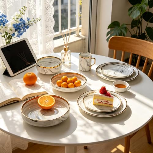 HomeVss 20 Piece Plates and Bowls Sets, Fine China Artisan Marbled Dinner Set for 4, Dishwasher Safe, Scratch Resistant, Grey with Gold Line - image 5