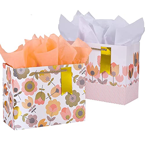 SUNCOLOR 2-Pack 9 Inch Flower Gift Bags with Tissue Paper Floral Gift Bags for Mothers Day Birthday Bridal Shower Easter
