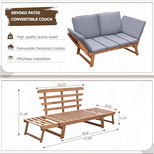 image for Devoko Outdoor Couch Acacia Wood Patio Couch with Adjustable Armrests,