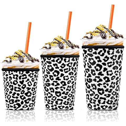 Iced Coffee Cup Sleeve for Large Sized Cups, Reusable Neoprene Iced Coffee Cup Holder for Hot Cold Drinks, Compatible with Starbucks, Dunkin Donuts, and More (Black Leopard Cover