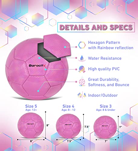 Image of Soccer Ball - Premium Official Match Ball with Cool Reflective Rainbow Hex Pattern, Durable Adult and Kids Soccer Ball for Indoor, Outdoor, Training, Practice, Play, Games - Pink, Size 4