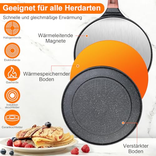 wittsyer Crêpespfanne 26 cm für Induktion, Flache Antihaft Pfannkuchenpfanne aus Aluminiumguss mit Teigverteiler, Crepe Pfanne für Crêpes, Pancakes & Omeletts, Induktionspfanne BPA-frei