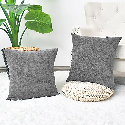 CaliTime Pack of 2 Cozy Throw Pillow Covers Cases for Couch Sofa Home Decoration Solid Dyed Soft Chenille 55cm X 55cm Medium Grey - Image 2
