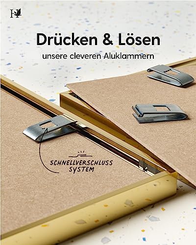 Heimlich® - Bilderrahmen - A4 21x30 cm, Aluminium Metall, Gold - Urkundenrahmen mit Kunststofffolie - Wandmontage oder Tischaufsteller