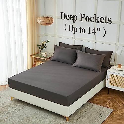 Image of ILAVANDE Queen Sheets Set 6 Piece,Hotel Luxury Super Soft 1800 Series Microfiber Queen Bed Sheets Set-Wrinkle Free & Breathable-14 Deep Pocket Sheets for Queen Size Bed(Queen,Neutral Grey)