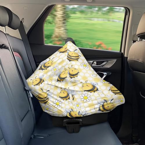 Image of Cute Carseat Cover for Babies, Breathable Infant Carseat Cover Lightweight Baby Carrier Cover for Girls Boys, Fit Spring Summer /Hot Days /Warm Weather, Bee Daisy