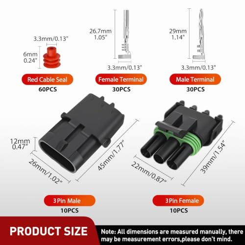 Image of Nilight 140PCS 10 Kits 3 Pin Waterproof Automotive Electrical Connector Kit | Quick Connect and Disconnect Male Female Pin 20-16AWG Terminal Wire Connectors for Car Truck Motorcycle Marine Boat