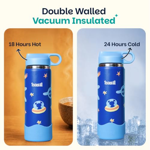 Image of Basil HydraPop Stainless Steel Insulated Kids Water Bottle for School, 600ml Leakproof Sipper Bottle with, Double Wall Vacuum Thermosteel Bottle for Sports, Travel & Outdoor Use | Super Swoosh
