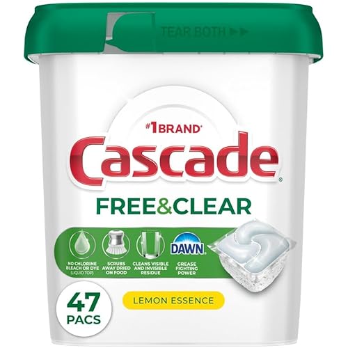 Cascade Free & Clear Dishwasher Pods, Dishwasher Detergent, Dish Detergent Soap, Lemon Essence, 47 Count