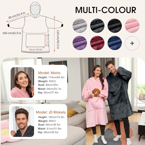 Yuson Girl Neutraler Kapuzenpulli mit Taschen Haustiermuster Winter Warm Übergröße Decke Sweatshirt Pullover mit Kapuze Langarm Kapuzenpulli Super Weich Bequem Riesen Kapuzenpulli(Grau)
