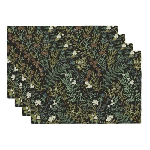 DOUYINSI Botanical Print Placemats Set of 4 Floral Black Sage Green Flower Plant Linen Place Mats Washable Table Mats 12x18 Inch for Kitchen Dining Decoration