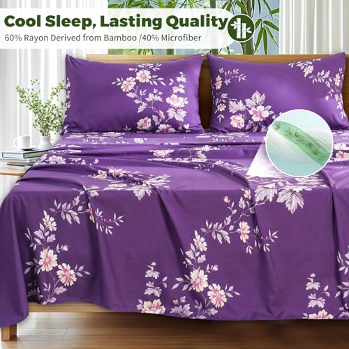 Image of Bedlifes Extra Deep Pocket 18-24 inch King 4-Piece Sheet Set - Cooling Sheets Blend Rayon Derived from Bamboo Soft & Breathable,Featuring Dark Purple Floral