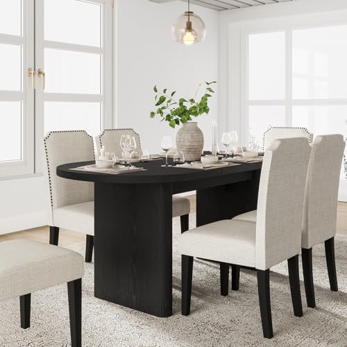 Image of GarveeHome Oval Dining Table for 6-8 People, Long Large Kitchen Table with Thick Sturdy Wooden Base, Farmhouse Dining Room Table for for Kitchen, Living Room, Office (63 inch Long,Black)
