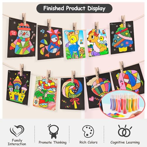 Aszaui Sandbild,Sandbilder Kinder,Sandkunst-Bastelset Sandmalerei,Knetsand Kreativ Bastelset, mit 12 Flaschen Farbsand 24 Blatt Sandkunst-Malkarten,für Kinder zum Selbermachen von Design-Kritzeln