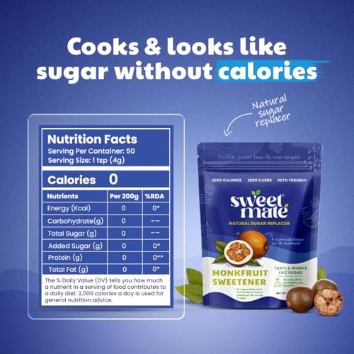 Image of Sweetmate Monk Fruit Natural Sweetener - 200g | 1:1 Sugar Substitute | Zero Calorie, Keto & Diabetic Friendly | Plant-Based Sugar Alternative for Cooking, Baking & Beverages