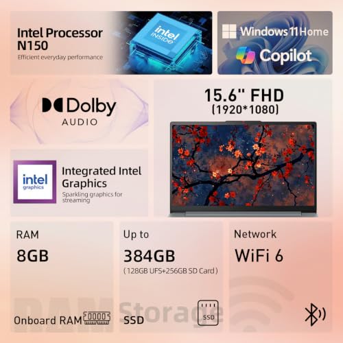 Image of Lenovo 15.6 inch FHD Laptop, Intel N150, 8GB RAM, 384GB Storage, Intel Graphics | (128GB UFS+256GB SD), 720p Camera With a Privacy Shutter, Business & Student Computer, Dolby Audio, Windows 11 Home, Grey
