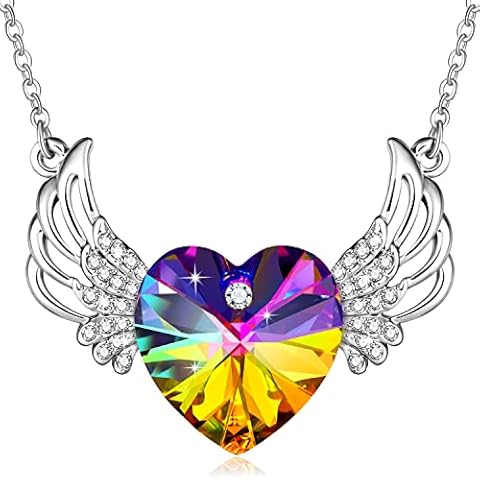 PLATO H Women Angel Wing Heart Necklace Rainbow Iridescent Crystal Mom Pendant Jewelry Large Heart Fashion Mother's Day Gift Cover