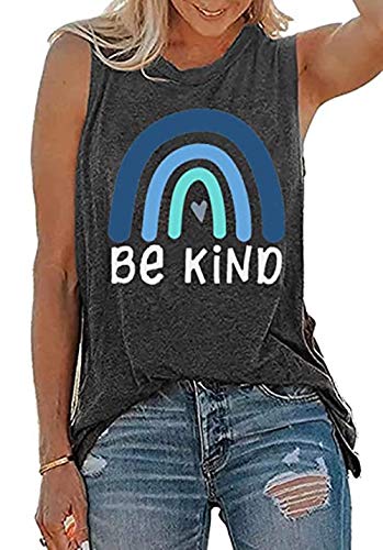 Be Kind Cute Tank Tops for Women Leopard Rainbow Sleeveless Graphic Tee Inspirational Casual Teacher Fall Vest (Dark Grey-Rainbow Blue, Large)