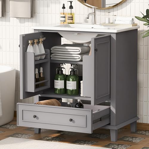 Merax Waschbecken mit Unterschrank, Bodenstehender Badezimmerschrank mit Waschbeck, Waschtisch, Beine aus Massivholz, feuchtigkeits- und wasserdicht, Keramikwaschbecken, Grau, 76x46x87cm Merax Waschbecken mit Unterschrank, Bodenstehender Badezimmerschrank mit Waschbeck, Waschtisch, Beine aus Massivholz, feuchtigkeits- und wasserdicht, Keramikwaschbecken, Grau, 76x46x87cm