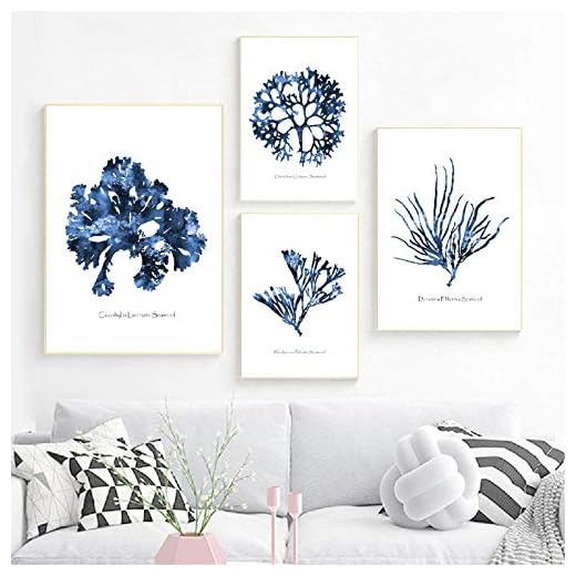 WTYBGDAN Impresiones de Arte de Pared, Carteles de Coral Marino, Playa Costera, Arte náutico, Lienzo, Pintura, Acuarela, imágenes Azules, decoración de la Pared del hogar