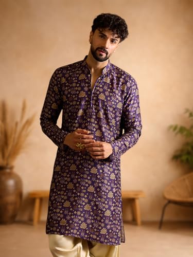 Image of Amazon Brand - Tavasya Men Silk Blend Ethnic Motif Printed Embellished Long Kurta | Regular Fit | Ethnic Wear | Full Sleeve