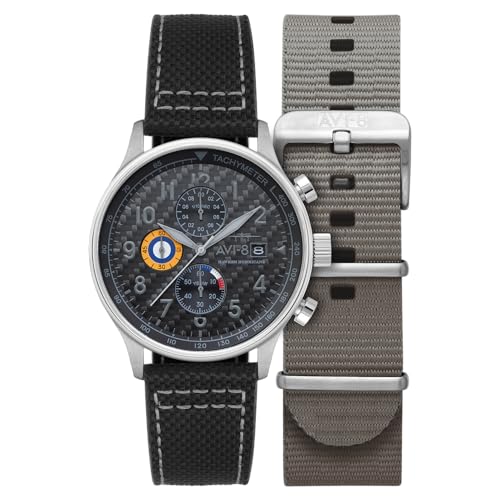 AVI-8 Hawker Hurricane Montre chronographe classique avec bracelet en cuir pour homme 43,5 mm AV-4011, Fibre de carbone noire, Classique