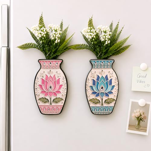 Image of Regalo Casila Magnetic Artificial Flower Vase Fridge Magnets Set of 2 Lotus Kundan Art Indian Ethnic Decorative Refrigerator Kitchen Home Office Decor Housewarming Gift