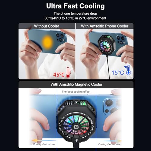 Image of Amsdifio Phone Cooler for Gaming, 15W Magnetic Mobile Cooler, Gaming Cooling Fan with 3 Level Model Dislay, RGB Light, Semiconductor & 7-Blade Fan, Phone Cooling Pad for IOS & Android Phones