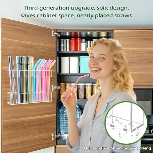 9.5¡± Large Acrylic Straw Holder for Cabinet Door - Ultra Sticky Adhesive Squares, Reusable Adjustable Organizer for Straws, Fits Kitchen Counter, Cupboard, Storage Dispenser£¨Transparent£© (1 PACK)