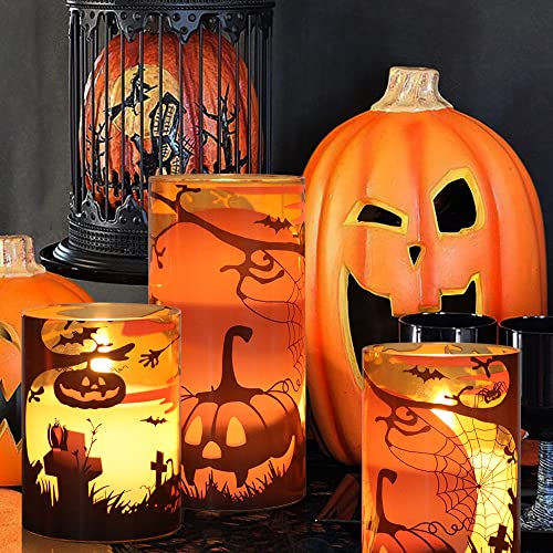 Image of GenSwin Halloween Candles with Pumpkins, 3 Pack Flameless Candles with Remote Timer, Orange Pumpkin Glass Candles Battery Operated with Spiderweb, Halloween Spooky Indoor Decorations (D3 inch x H4 inch5 inch6 inch)