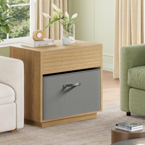 Image of TEENFON Night Stand with Drawer and Open Shelf, Nightstands Bedside Table with Removable Fabric Drawer, Night Stands for Bedroom, Small Space, Natural