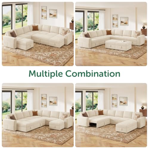 Image of HONBAY Modular Sectional Sleeper Sofa with Pull Out Bed Oversized Corduroy L Shaped Sofa Bed with Storage Couches for Living Room,Beige