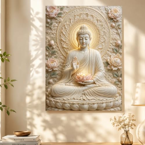 Image of PAINTINGMANTRA Spiritual Buddha Painting for Living Room, Buddha wall Art Painting for living room, Bedroom, office and Meditation Room, Canvas, 16x22 Inch