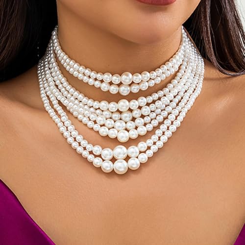 Octwine Boho Round Imitation Pearl Layered Choker Necklace Multi Strands Vintage 1920s Bridal Wedding Christmas Vintage Shiny Large Necklace for Women (Silver 3)3