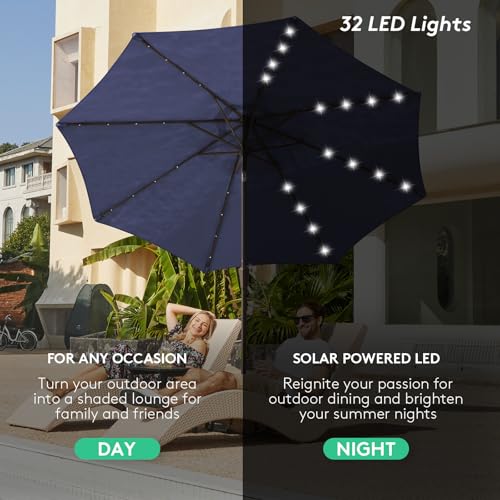 Image of JEAREY 9FT Outdoor Patio Umbrella with Solar Lights, LED Lighted Pool Umbrella with Tilt and Crank, Outdoor Table Umbrellas for Deck, Yard & Market (Navy Blue)