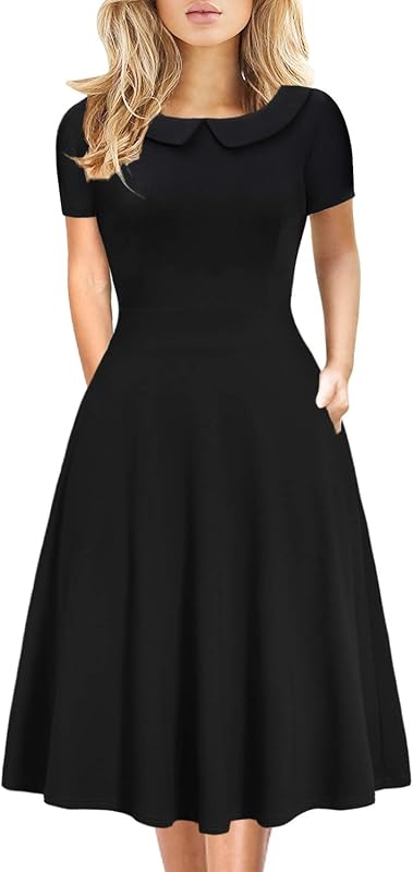 Women's Elegant Vintage Dresses Knee Length Casual Floral Print Work Party Peter Pan Collar A-Line Dress with Pockets 978