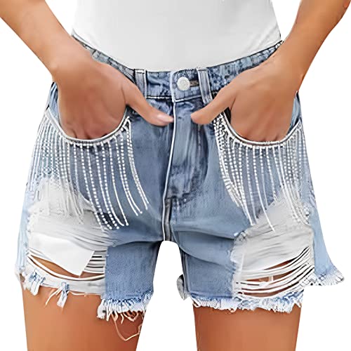 Pantalones cortos de mezclilla con flecos para mujer, rasgados, elásticos, deshilachados, desgastados, pantalones cortos altos para mujer, azul claro, XXL