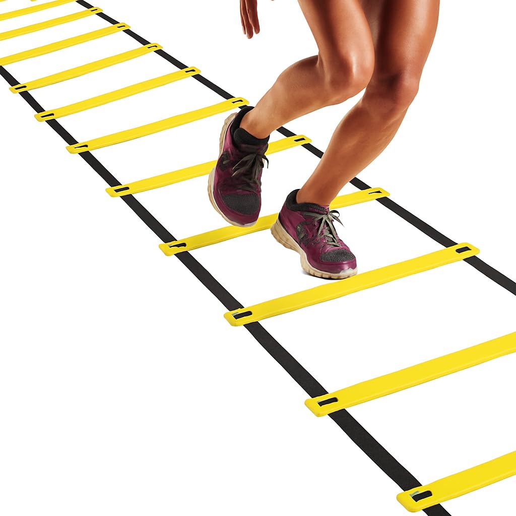 De Jure Fitness Adjustable Agility Ladder with Polypropylene Rungs & Durable Straps | Speed Ladder for Training, Exercise & Sports Drills | 6 Meter - 12 Rungs - Yellow