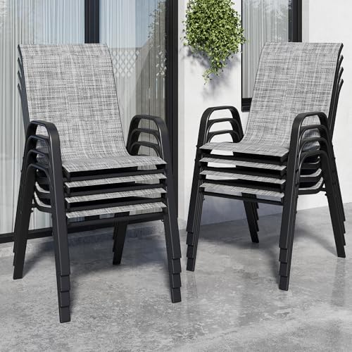 Image of Patio Chairs, Stackable Outdoor Dining Chairs for All Weather Textilene Fabric & Metal Frame, Outdoor Chairs Set for Backyard Deck Garden (Grey, Set of 8)