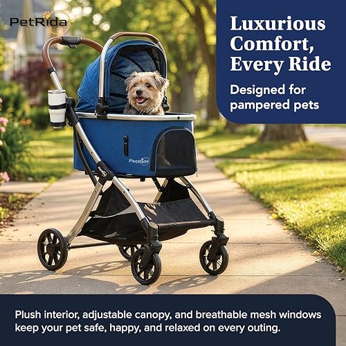 Luxury Pet Stroller with Detachable Carrier | Lightweight Design with Easy One-Hand Fold & Spacious Storage Basket | Safe & Comfortable Travel for a Small to Medium Dog or Cat, Blue - Image 3